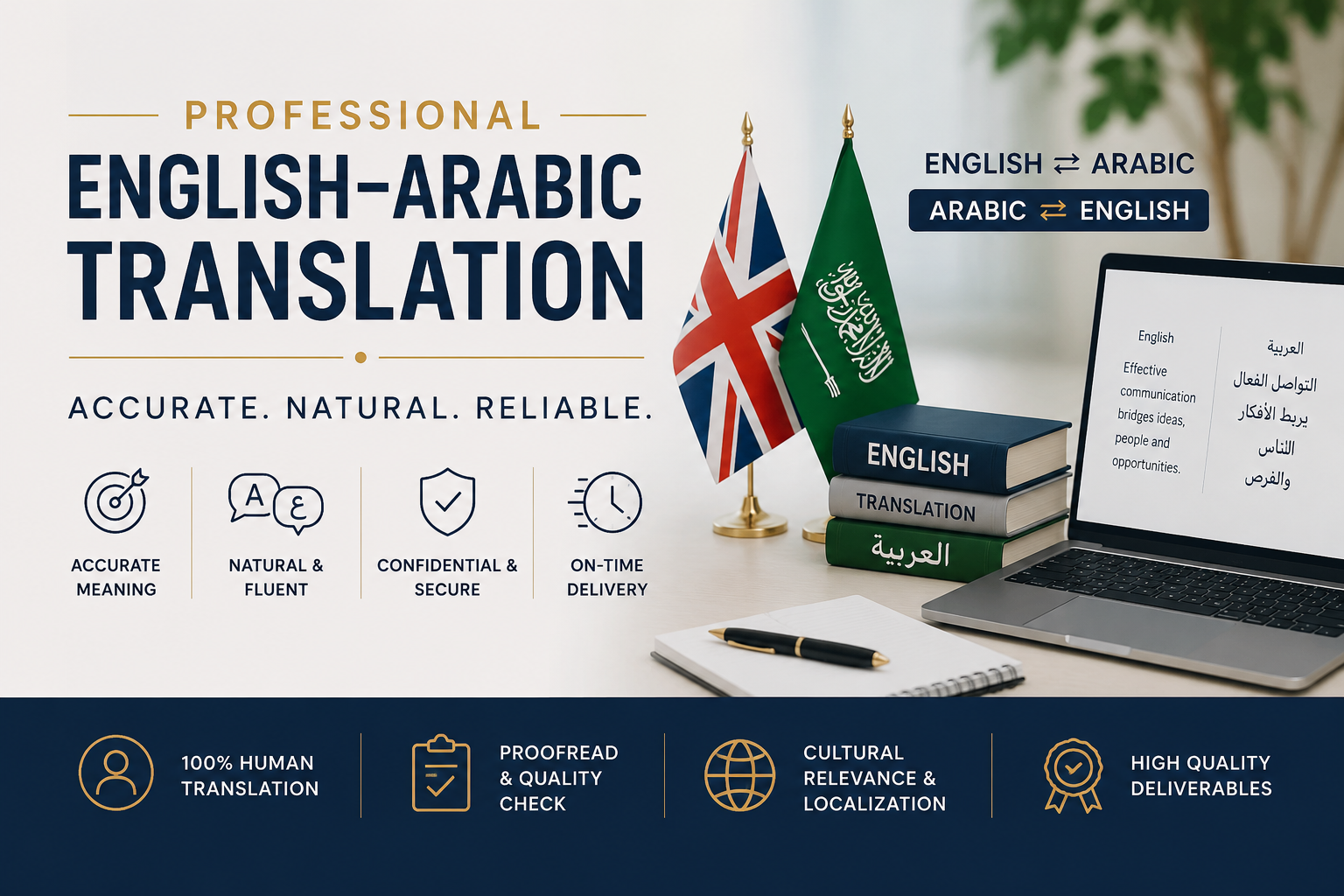 ترجمة احترافية بين العربية والإنجليزية بدقة عالية وتوطين متقن
